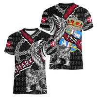 Personalized Denmark Vikings Women V-Neck T-Shirt Nordic Lion Bound in Runes and Chains