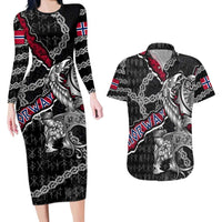 Personalized Norway Vikings Couples Matching Long Sleeve Bodycon Dress and Hawaiian Shirt Nordic Lion Bound in Runes and Chains