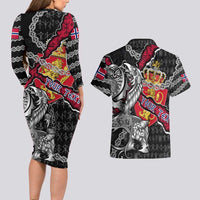 Personalized Norway Vikings Couples Matching Long Sleeve Bodycon Dress and Hawaiian Shirt Nordic Lion Bound in Runes and Chains