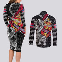 Personalized Norway Vikings Couples Matching Long Sleeve Bodycon Dress and Long Sleeve Button Shirt Nordic Lion Bound in Runes and Chains
