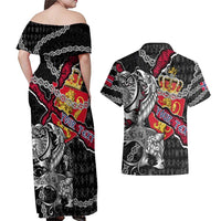 Personalized Norway Vikings Couples Matching Off Shoulder Maxi Dress and Hawaiian Shirt Nordic Lion Bound in Runes and Chains