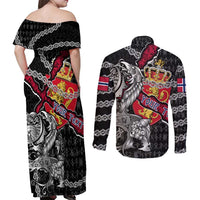 Personalized Norway Vikings Couples Matching Off Shoulder Maxi Dress and Long Sleeve Button Shirt Nordic Lion Bound in Runes and Chains