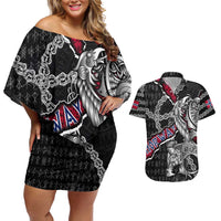 Personalized Norway Vikings Couples Matching Off Shoulder Short Dress and Hawaiian Shirt Nordic Lion Bound in Runes and Chains