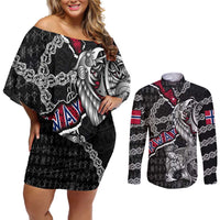 Personalized Norway Vikings Couples Matching Off Shoulder Short Dress and Long Sleeve Button Shirt Nordic Lion Bound in Runes and Chains