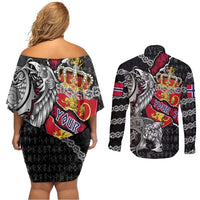 Personalized Norway Vikings Couples Matching Off Shoulder Short Dress and Long Sleeve Button Shirt Nordic Lion Bound in Runes and Chains