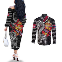 Personalized Norway Vikings Couples Matching Off The Shoulder Long Sleeve Dress and Long Sleeve Button Shirt Nordic Lion Bound in Runes and Chains