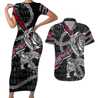 Personalized Norway Vikings Couples Matching Short Sleeve Bodycon Dress and Hawaiian Shirt Nordic Lion Bound in Runes and Chains