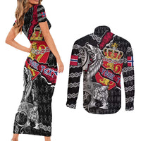 Personalized Norway Vikings Couples Matching Short Sleeve Bodycon Dress and Long Sleeve Button Shirt Nordic Lion Bound in Runes and Chains
