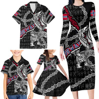Personalized Norway Vikings Family Matching Long Sleeve Bodycon Dress and Hawaiian Shirt Nordic Lion Bound in Runes and Chains