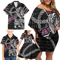 Personalized Norway Vikings Family Matching Off Shoulder Short Dress and Hawaiian Shirt Nordic Lion Bound in Runes and Chains