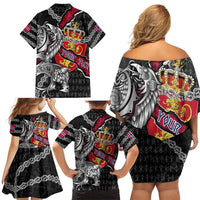 Personalized Norway Vikings Family Matching Off Shoulder Short Dress and Hawaiian Shirt Nordic Lion Bound in Runes and Chains