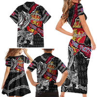 Personalized Norway Vikings Family Matching Short Sleeve Bodycon Dress and Hawaiian Shirt Nordic Lion Bound in Runes and Chains