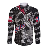 Personalized Norway Vikings Long Sleeve Button Shirt Nordic Lion Bound in Runes and Chains