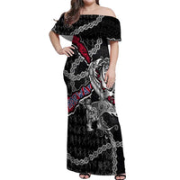 Personalized Norway Vikings Off Shoulder Maxi Dress Nordic Lion Bound in Runes and Chains
