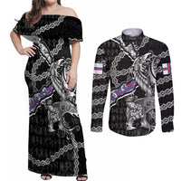 Personalized Faroe Islands Vikings Couples Matching Off Shoulder Maxi Dress and Long Sleeve Button Shirt Nordic Lion Bound in Runes and Chains