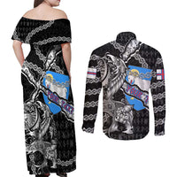Personalized Faroe Islands Vikings Couples Matching Off Shoulder Maxi Dress and Long Sleeve Button Shirt Nordic Lion Bound in Runes and Chains