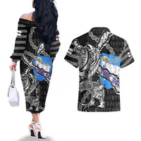 Personalized Faroe Islands Vikings Couples Matching Off The Shoulder Long Sleeve Dress and Hawaiian Shirt Nordic Lion Bound in Runes and Chains