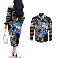 Personalized Faroe Islands Vikings Couples Matching Off The Shoulder Long Sleeve Dress and Long Sleeve Button Shirt Nordic Lion Bound in Runes and Chains