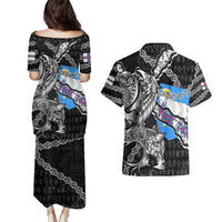 Personalized Faroe Islands Vikings Couples Matching Puletasi and Hawaiian Shirt Nordic Lion Bound in Runes and Chains