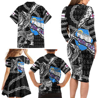 Personalized Faroe Islands Vikings Family Matching Long Sleeve Bodycon Dress and Hawaiian Shirt Nordic Lion Bound in Runes and Chains