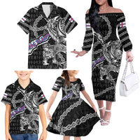 Personalized Faroe Islands Vikings Family Matching Off The Shoulder Long Sleeve Dress and Hawaiian Shirt Nordic Lion Bound in Runes and Chains