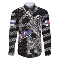 Personalized Faroe Islands Vikings Family Matching Off The Shoulder Long Sleeve Dress and Hawaiian Shirt Nordic Lion Bound in Runes and Chains