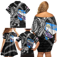 Personalized Faroe Islands Vikings Family Matching Off Shoulder Short Dress and Hawaiian Shirt Nordic Lion Bound in Runes and Chains