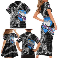 Personalized Faroe Islands Vikings Family Matching Short Sleeve Bodycon Dress and Hawaiian Shirt Nordic Lion Bound in Runes and Chains