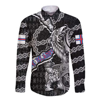 Personalized Faroe Islands Vikings Long Sleeve Button Shirt Nordic Lion Bound in Runes and Chains
