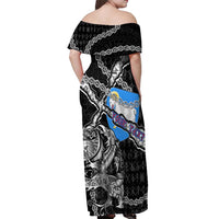 Personalized Faroe Islands Vikings Off Shoulder Maxi Dress Nordic Lion Bound in Runes and Chains