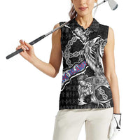 Personalized Faroe Islands Vikings Women Sleeveless Polo Shirt Nordic Lion Bound in Runes and Chains