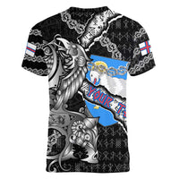 Personalized Faroe Islands Vikings Women V-Neck T-Shirt Nordic Lion Bound in Runes and Chains