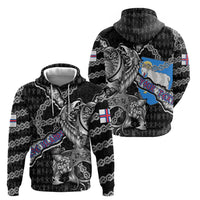 Personalized Faroe Islands Vikings Zip Hoodie Nordic Lion Bound in Runes and Chains