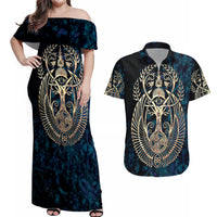 Adinkra Symbols Couples Matching Off Shoulder Maxi Dress and Hawaiian Shirt Tree of Life - Wonder Print Shop