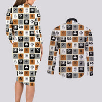 Adinkra Symbols Fashion Couples Matching Long Sleeve Bodycon Dress and Long Sleeve Button Shirts - Wonder Print Shop