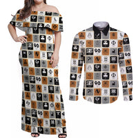 Adinkra Symbols Fashion Couples Matching Off Shoulder Maxi Dress and Long Sleeve Button Shirts - Wonder Print Shop