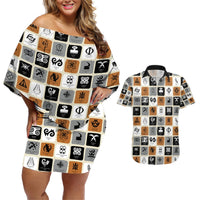 Off-shoulder short dress and Hawaiian shirt set, white with black & orange symbol print