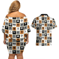 Back view off-shoulder short dress and Hawaiian shirt, white with black & orange symbol pattern