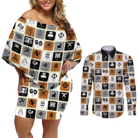 Adinkra Symbols Fashion Couples Matching Off Shoulder Short Dress and Long Sleeve Button Shirts - Wonder Print Shop