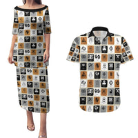Matching puletasi dress and Hawaiian shirt set, white printed symbols, short sleeves