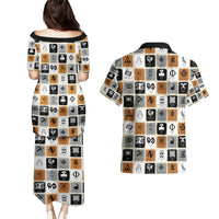 Matching puletasi dress and Hawaiian shirt set, back print symbols on white, short sleeves