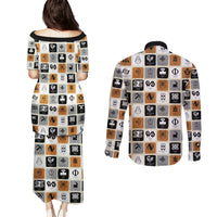 Printed matching couple set back view: long dress and long-sleeve button shirt