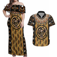 Printed Mud Cloth and Adinkra Symbol Couples Matching Off Shoulder Maxi Dress and Hawaiian Shirt - Wonder Print Shop