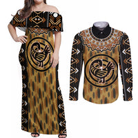 Printed Mud Cloth and Adinkra Symbol Couples Matching Off Shoulder Maxi Dress and Long Sleeve Button Shirts - Wonder Print Shop