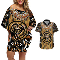Printed Mud Cloth and Adinkra Symbol Couples Matching Off Shoulder Short Dress and Hawaiian Shirt - Wonder Print Shop