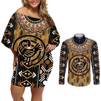 Printed Mud Cloth and Adinkra Symbol Couples Matching Off Shoulder Short Dress and Long Sleeve Button Shirts - Wonder Print Shop