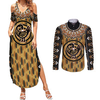 Printed Mud Cloth and Adinkra Symbol Couples Matching Summer Maxi Dress and Long Sleeve Button Shirts - Wonder Print Shop