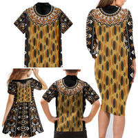 Printed Mud Cloth and Adinkra Symbol Family Matching Long Sleeve Bodycon Dress and Hawaiian Shirt - Wonder Print Shop