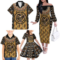 Printed Mud Cloth and Adinkra Symbol Family Matching Off Shoulder Long Sleeve Dress and Hawaiian Shirt - Wonder Print Shop
