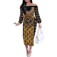 Printed Mud Cloth and Adinkra Symbol Family Matching Off Shoulder Long Sleeve Dress and Hawaiian Shirt - Wonder Print Shop